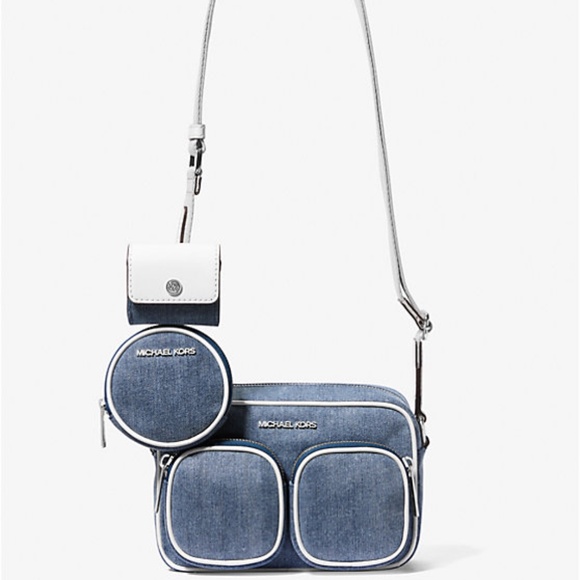 Michael Kors Handbags - Michael Kors Jet Set Medium Denim Crossbody Bag with Case for Apple AirPods Pro